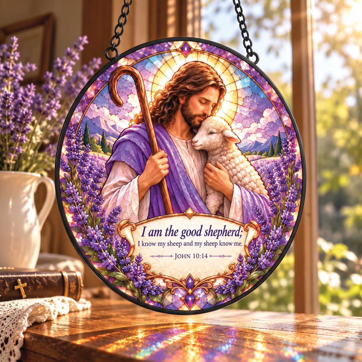 I Am The Good Shepherd John 10:14 Faux Stained Glass Suncatcher