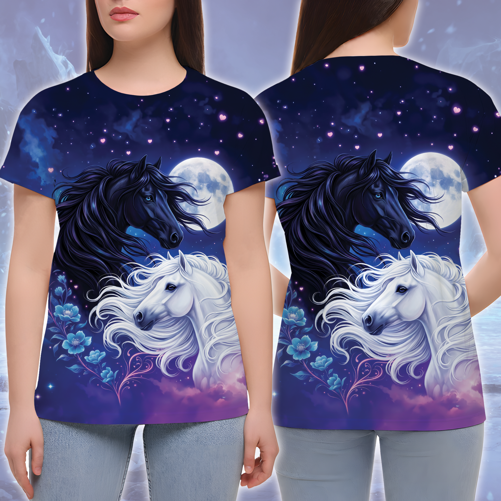 Black and White Horses Under Moonlight All Over Print Shirt