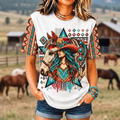 Native Horse All Over Print Shirt, Western Boho Horse Graphic Tee for Women