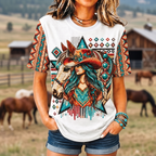 Native Horse All Over Print Shirt, Western Boho Horse Graphic Tee for Women