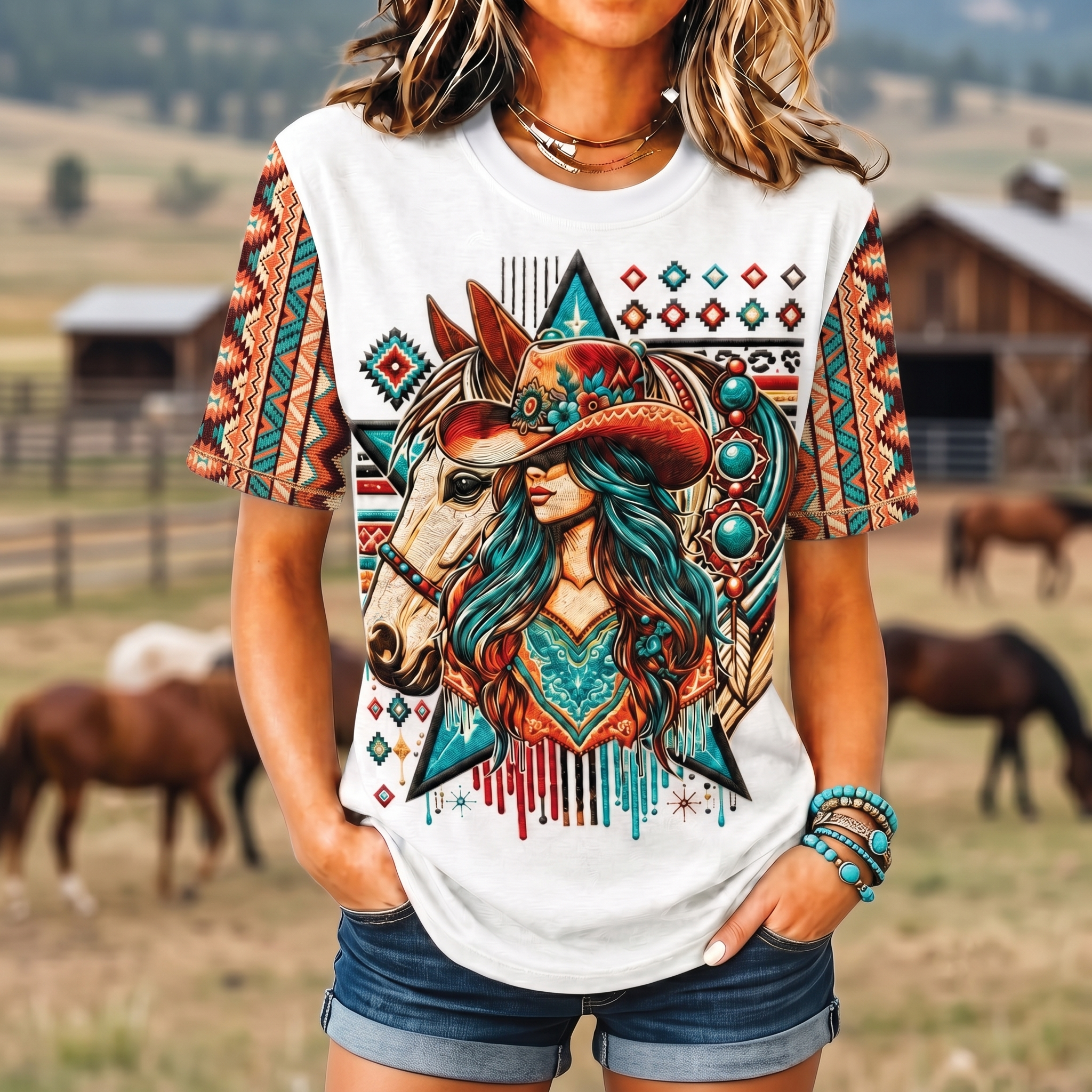 Native Horse All Over Print Shirt, Western Boho Horse Graphic Tee for Women