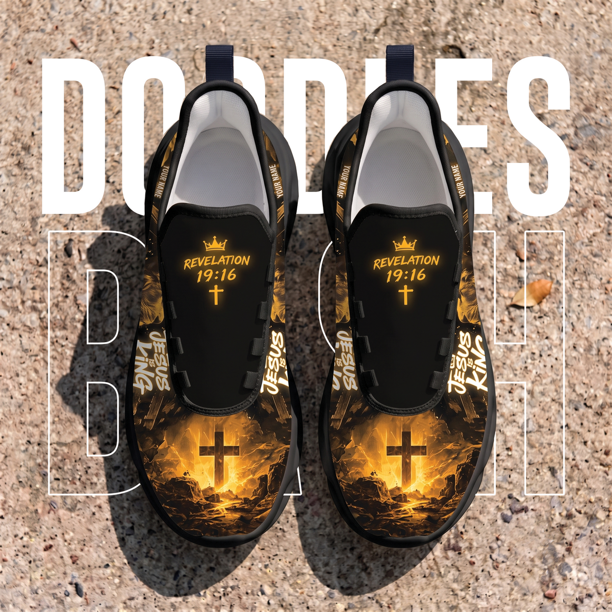 Custom Name Jesus Is King Gold Sneakers - Christian Max Soul Shoes