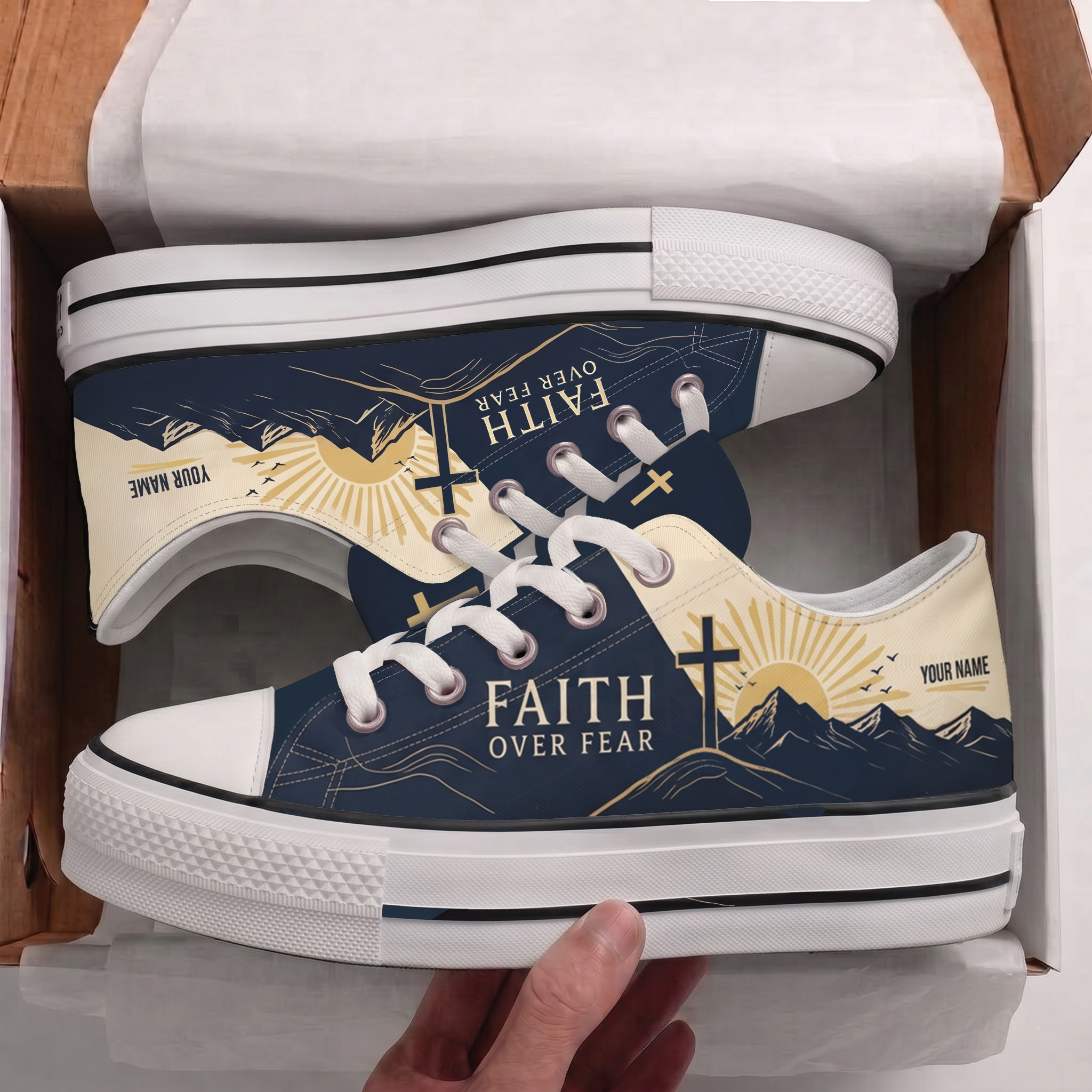 Personalized Faith Over Fear Canvas Sneakers – Custom Name Christian Low Top Shoes