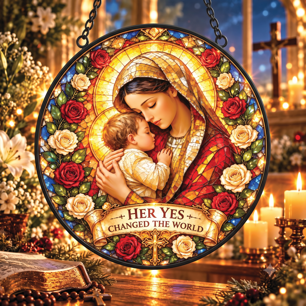 Mary's Yes Changed the World Faux Stained Glass Suncatcher