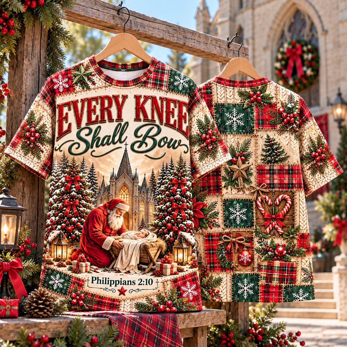 Every Knee Shall Bow Christian Christmas Patchwork All Over Print Shirt