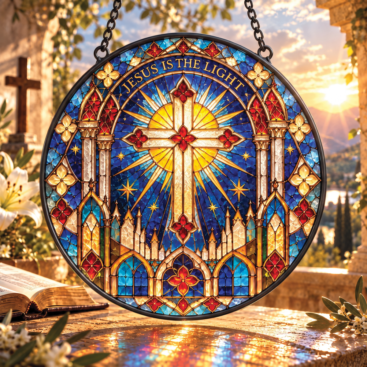 Christian Cross Jesus Is The Light Faux Stained Glass Suncatcher