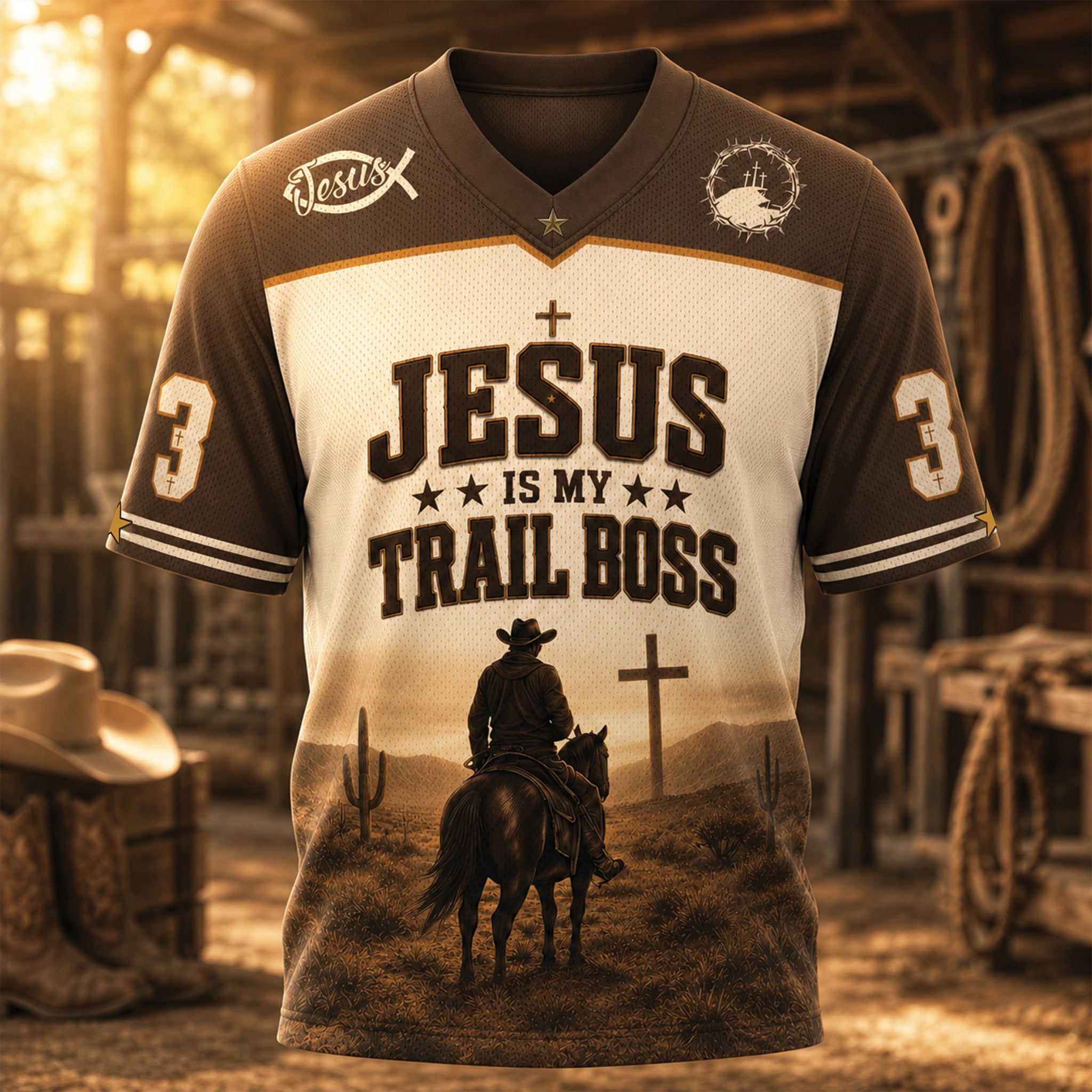 Jesus Is My Trail Boss Christian Football Jersey, Psalm 23:1 Bible Verse Western Cowboy Shirt