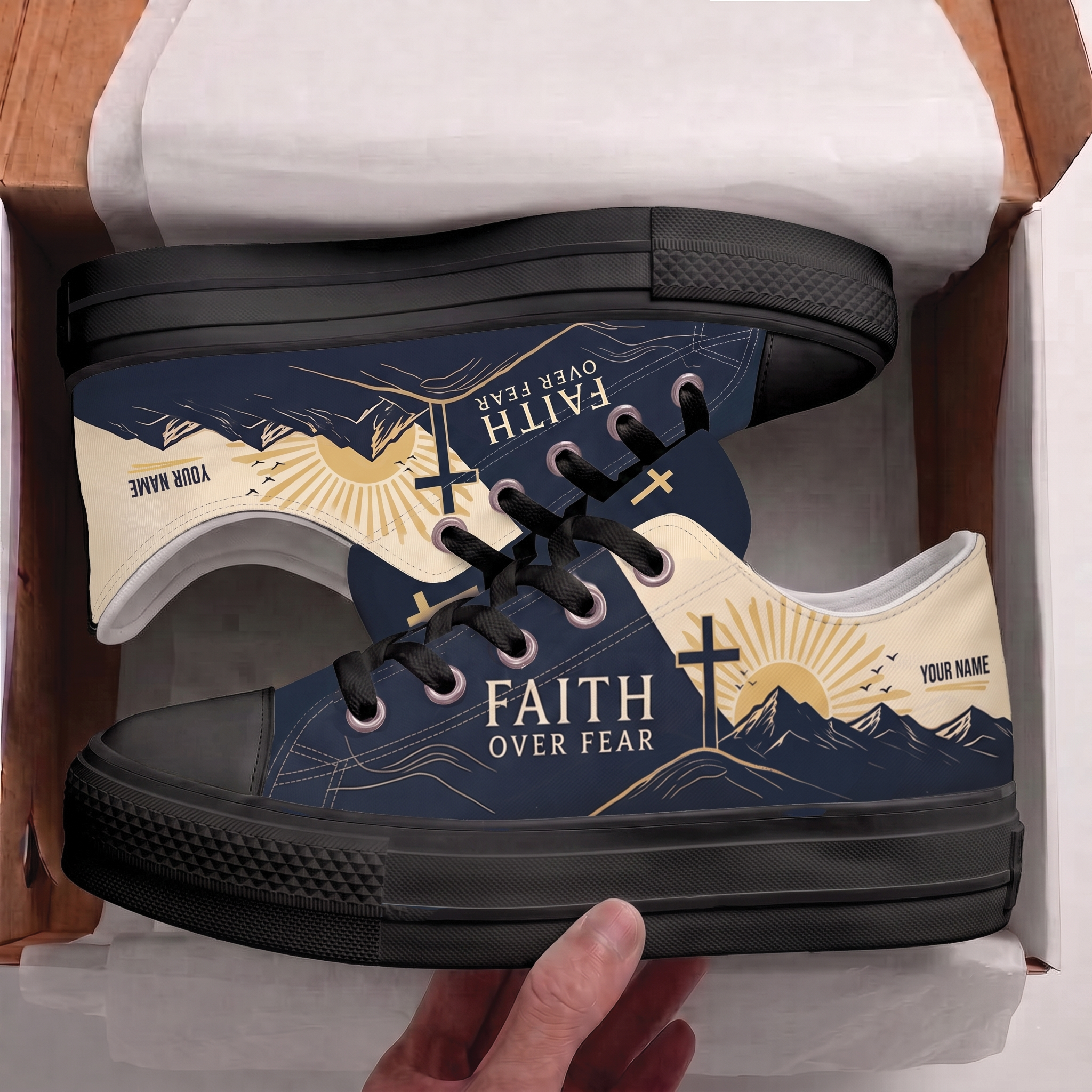 Personalized Faith Over Fear Canvas Sneakers – Custom Name Christian Low Top Shoes