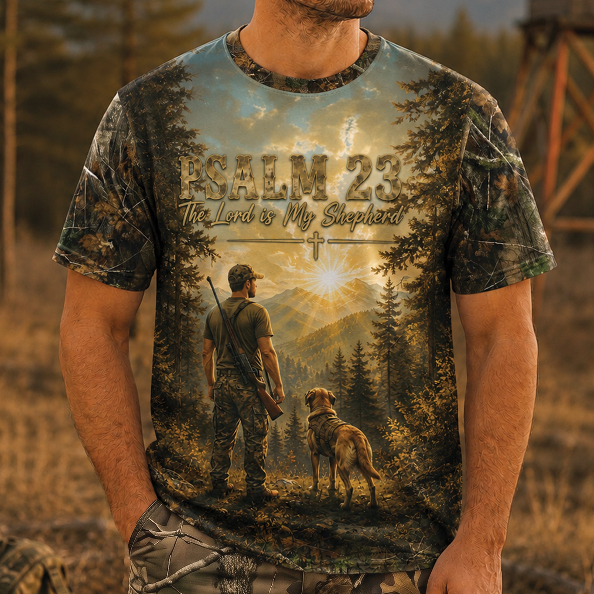 Christian Hunting All Over Print Shirt, Psalm 23 The Lord Is My Shepherd Tee