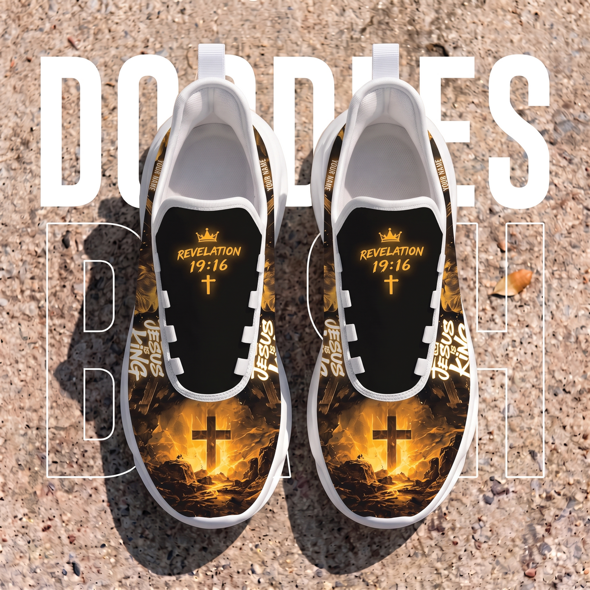 Custom Name Jesus Is King Gold Sneakers - Christian Max Soul Shoes