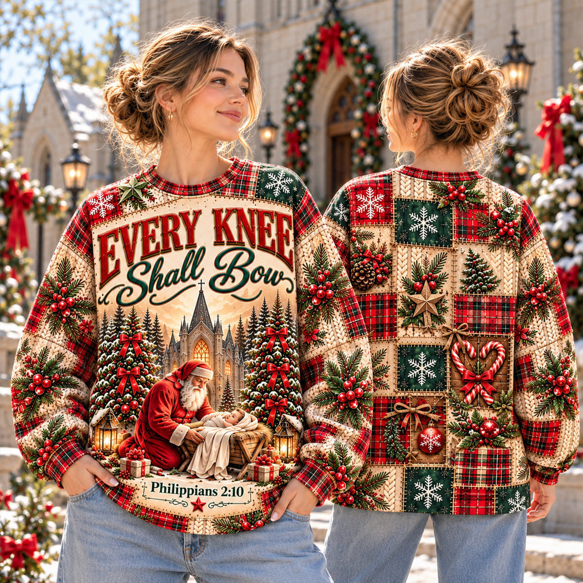 Every Knee Shall Bow Christian Christmas Patchwork All Over Print Shirt