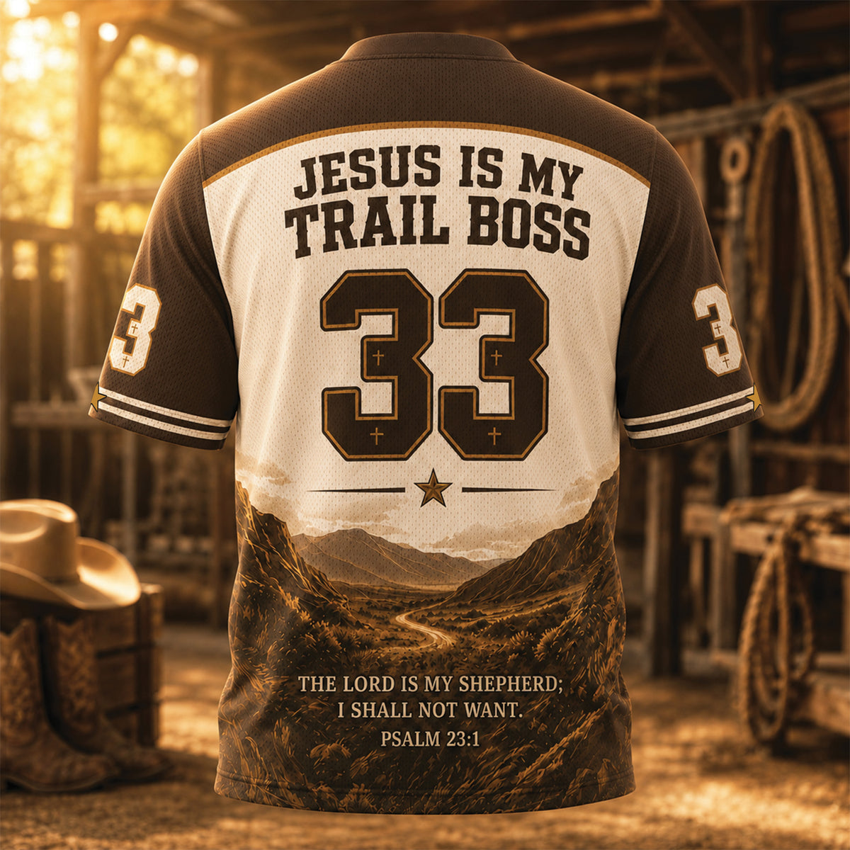 Jesus Is My Trail Boss Christian Football Jersey, Psalm 23:1 Bible Verse Western Cowboy Shirt