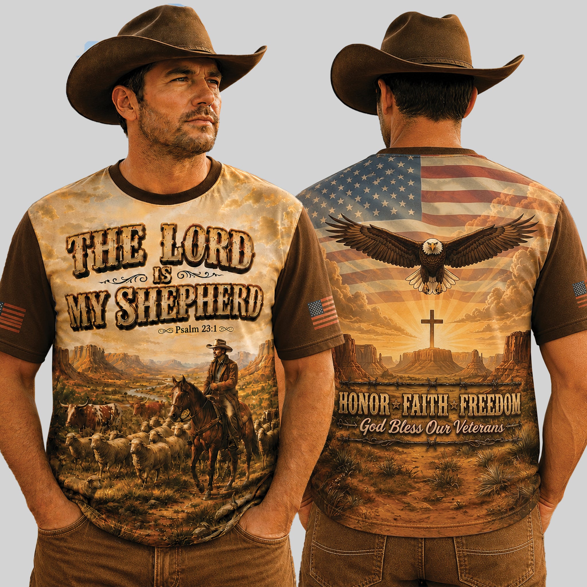 The Lord Is My Shepherd Christian All Over Print Shirt, Psalm 23 Cowboy Veteran Shirt
