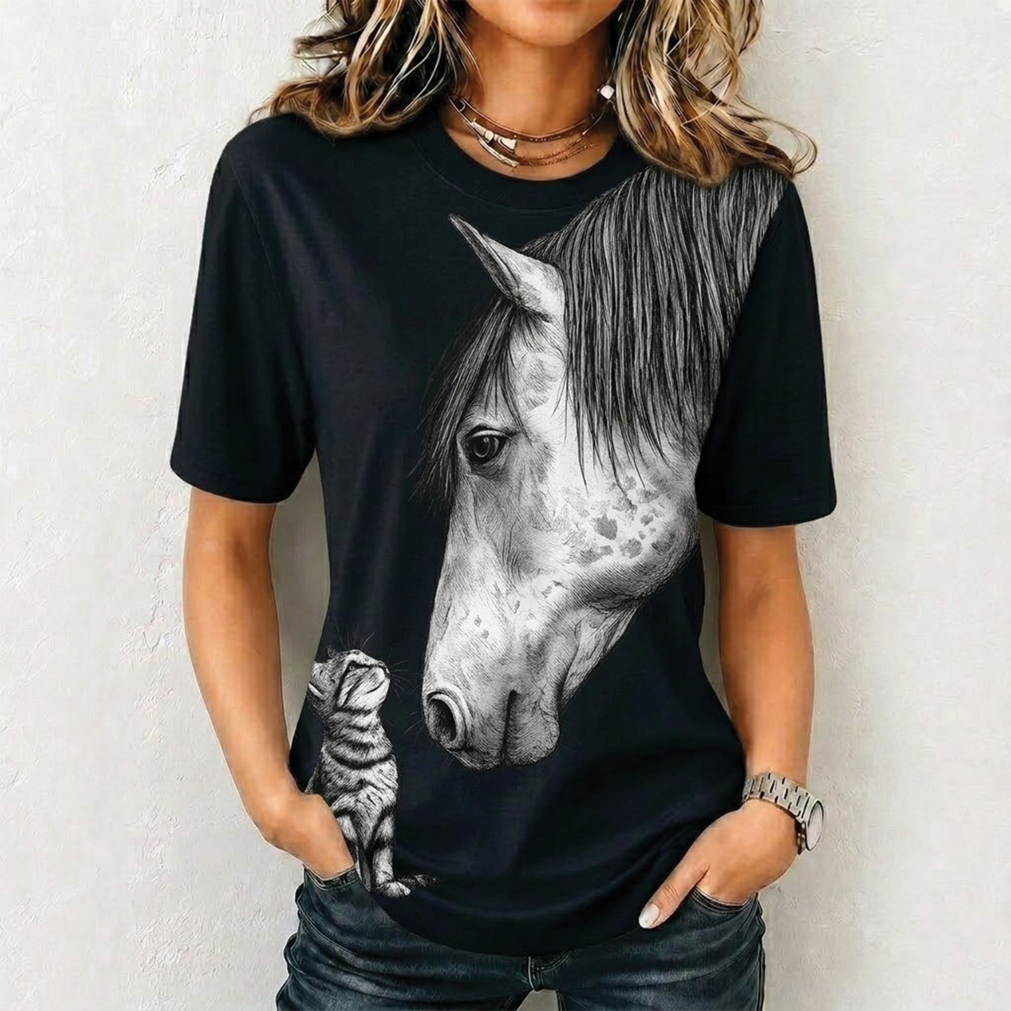 Horse and Cat All Over Print Shirt, Animal Lover T-shirt