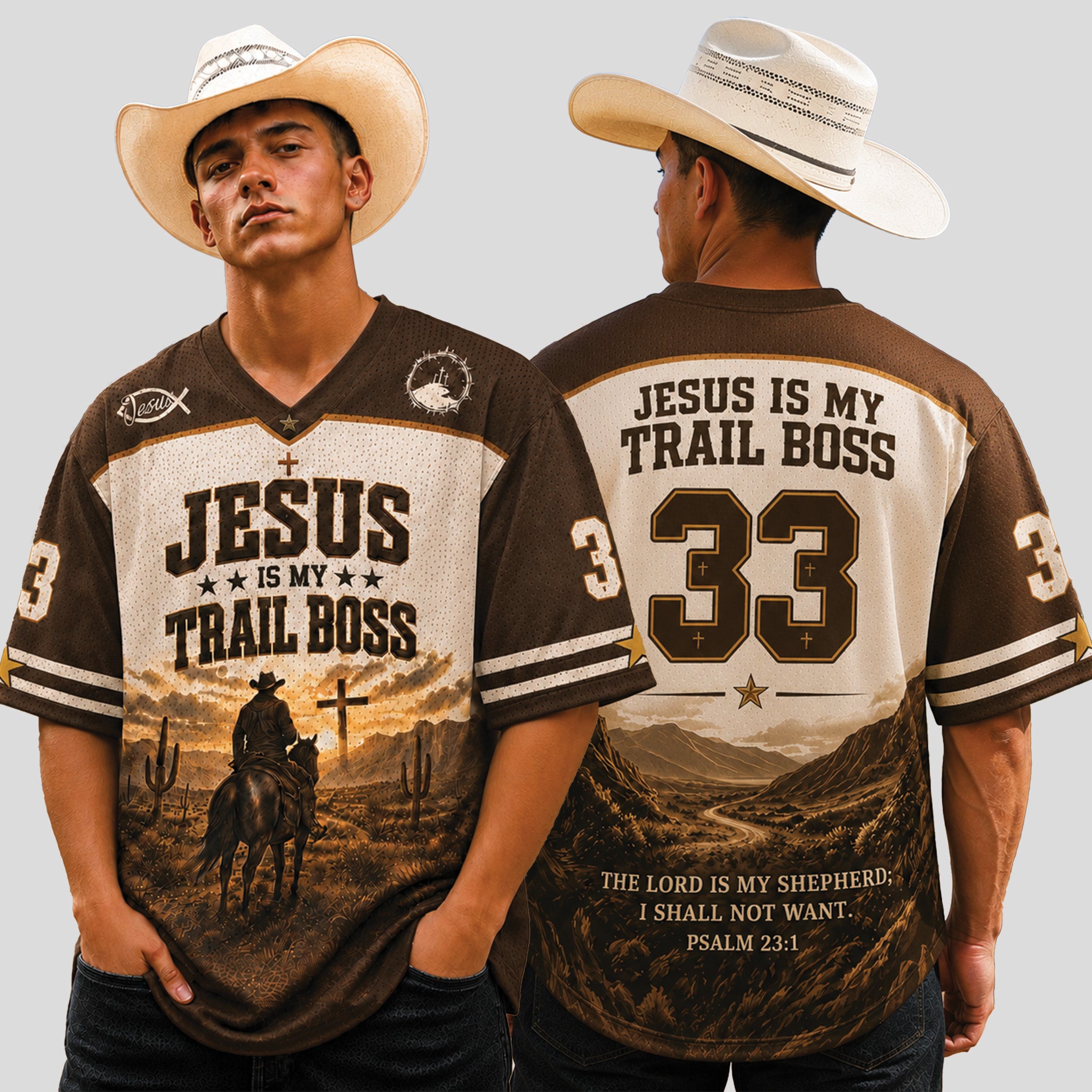 Jesus Is My Trail Boss Christian Football Jersey, Psalm 23:1 Bible Verse Western Cowboy Shirt