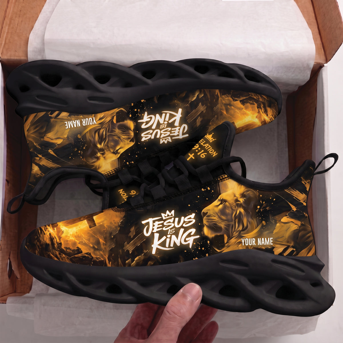 Custom Name Jesus Is King Gold Sneakers - Christian Max Soul Shoes