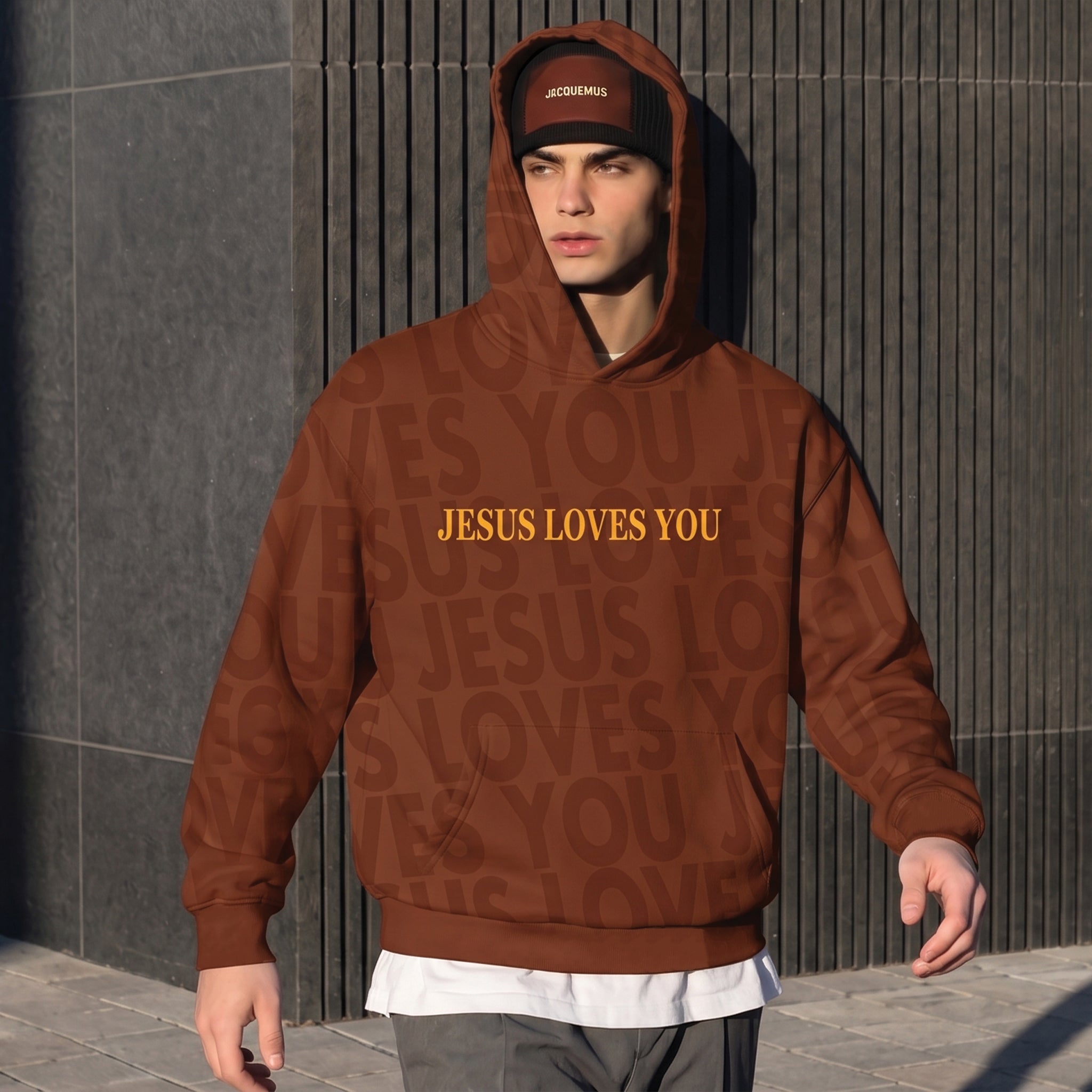 Jesus Loves You Unisex Hoodie, Brown & Yellow Faith-Based Streetwear