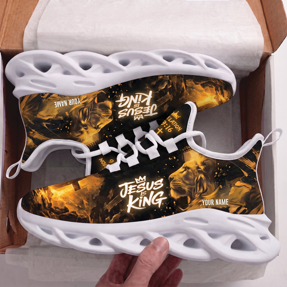 Custom Name Jesus Is King Gold Sneakers - Christian Max Soul Shoes