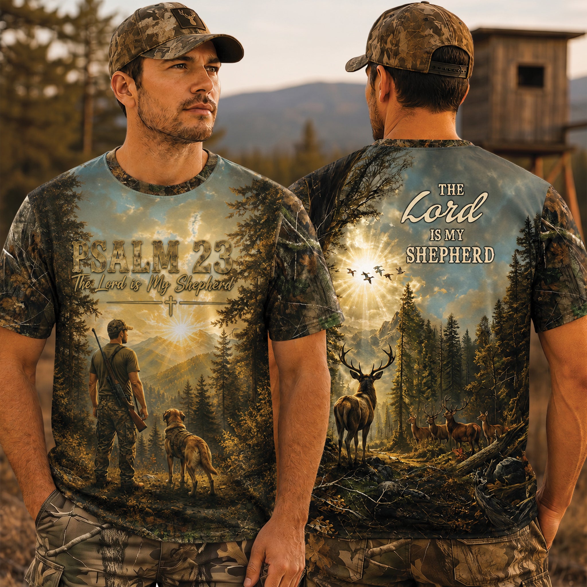 Christian Hunting All Over Print Shirt, Psalm 23 The Lord Is My Shepherd Tee