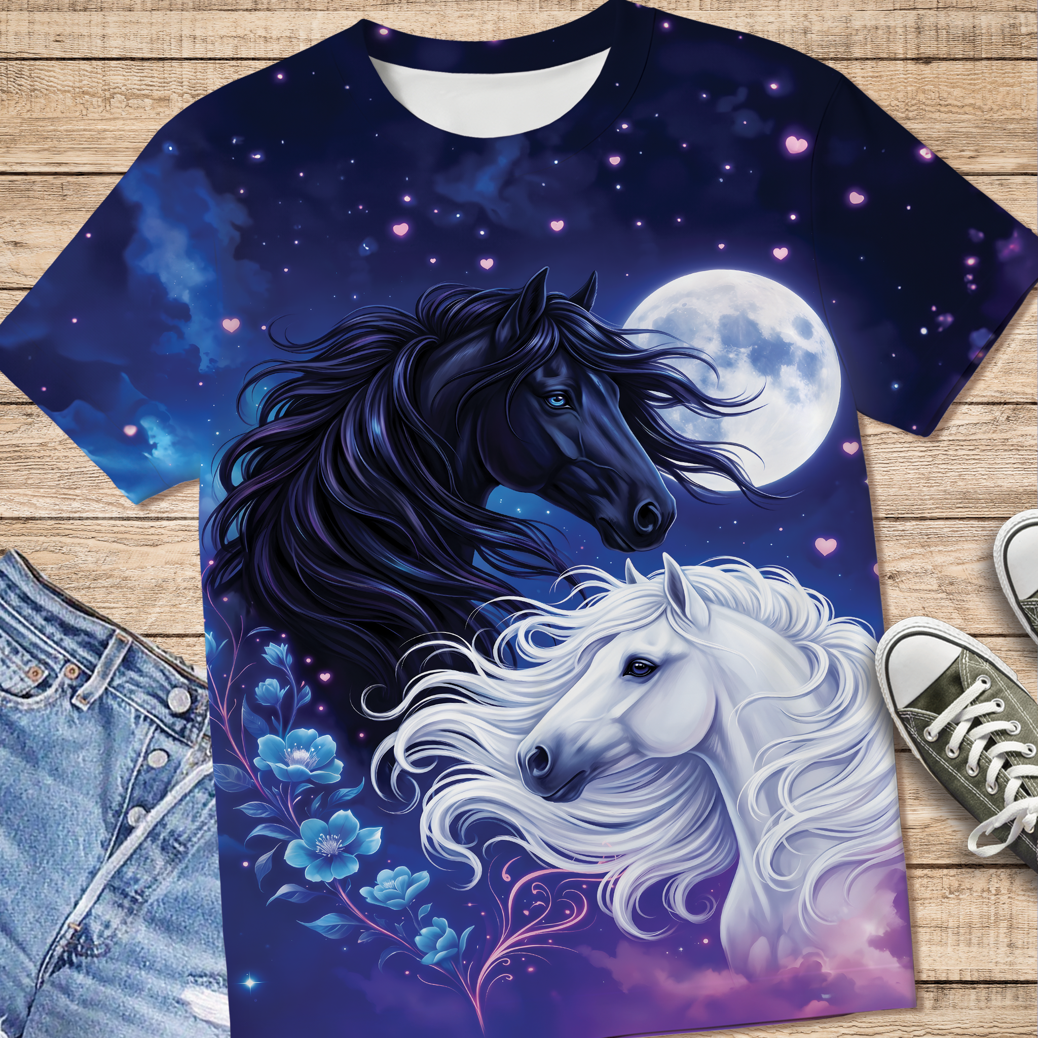 Black and White Horses Under Moonlight All Over Print Shirt