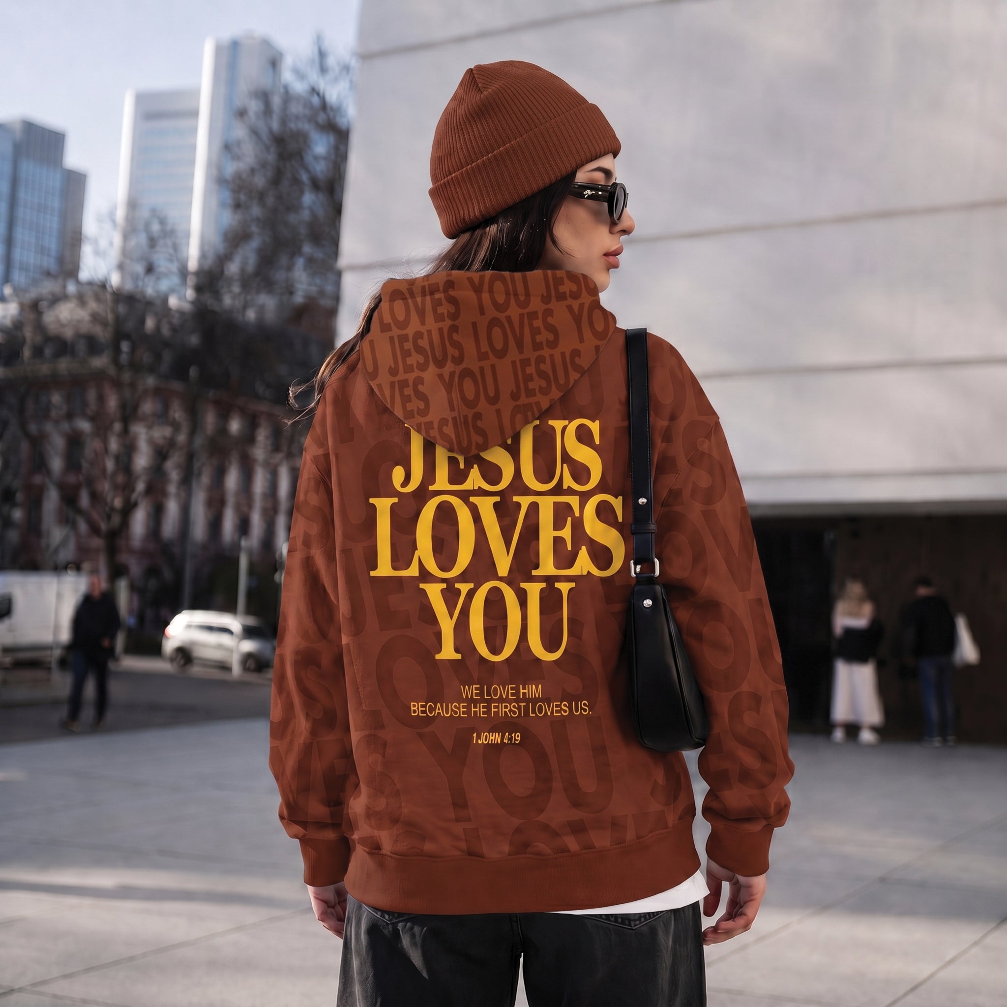 Jesus Loves You Unisex Hoodie, Brown & Yellow Faith-Based Streetwear
