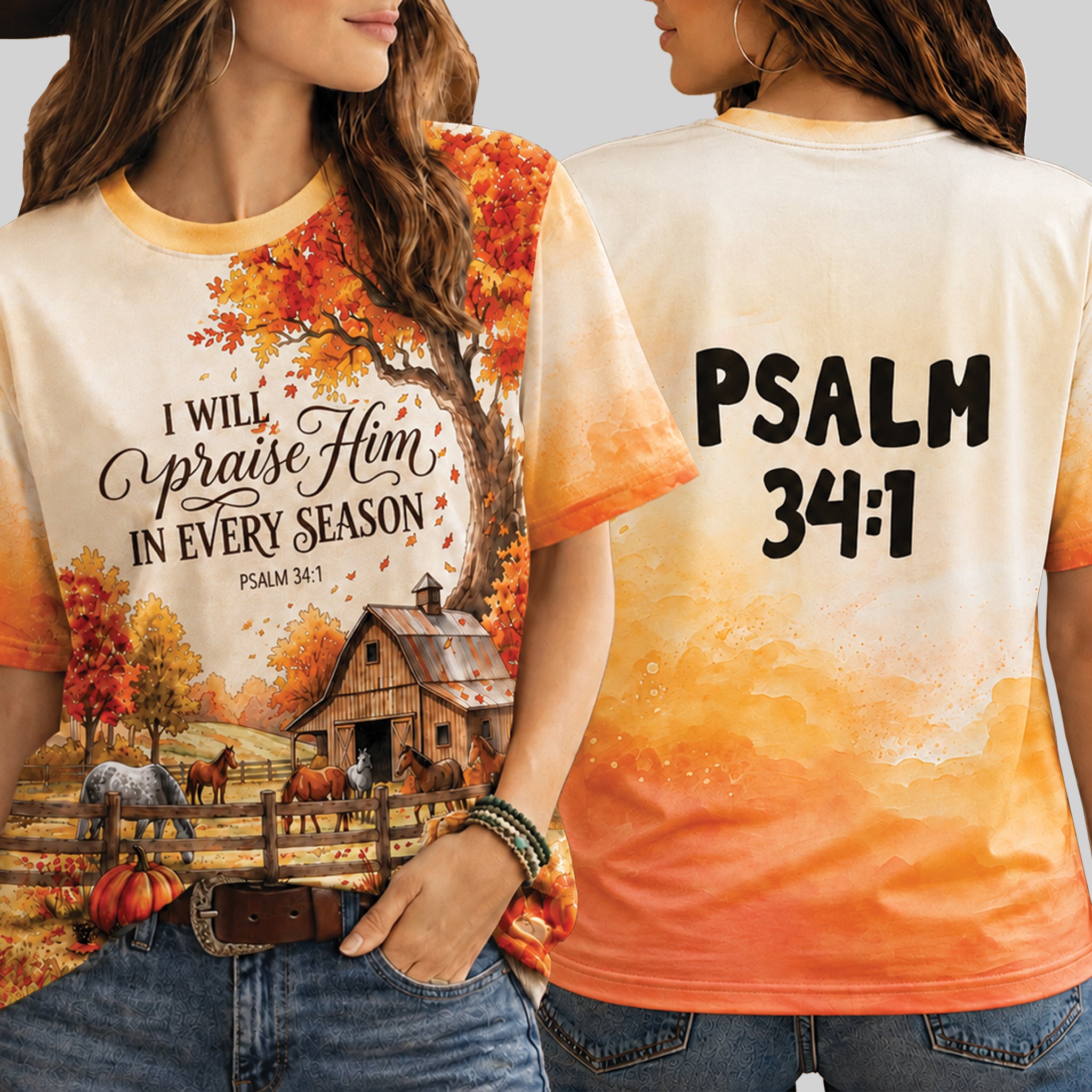 Christian Fall All Over Print Shirt, I Will Praise Him In Every Season Tee