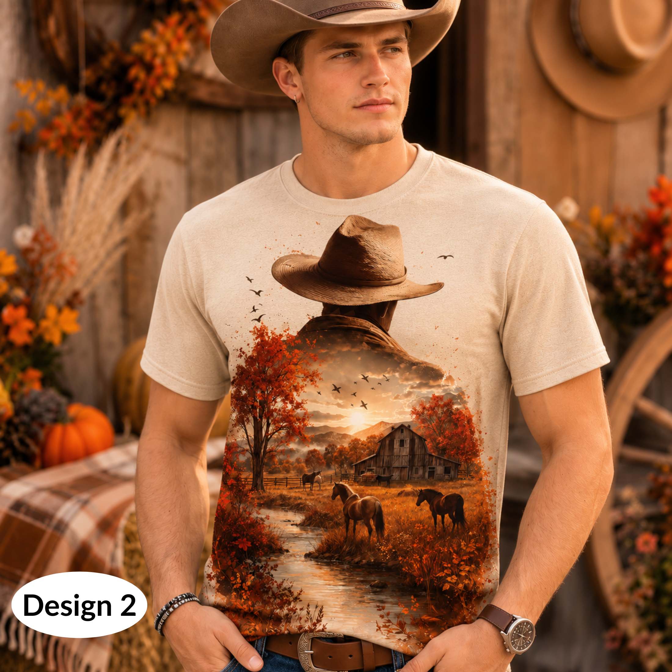 Vintage Western Cowboy Ranch All Over Print Shirt, Horse Farm Country Autumn Shirt