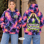 Two views of a women's pullover hoodie shown on a model: the front on the left and the back on the right. The hoodie features a purple, pink, and blue lightning storm pattern with a large graphic of Jesus Christ and the text 'JESUS CHRIST' on the back, and a smaller 'JESUS CHRIST' graphic on the front.