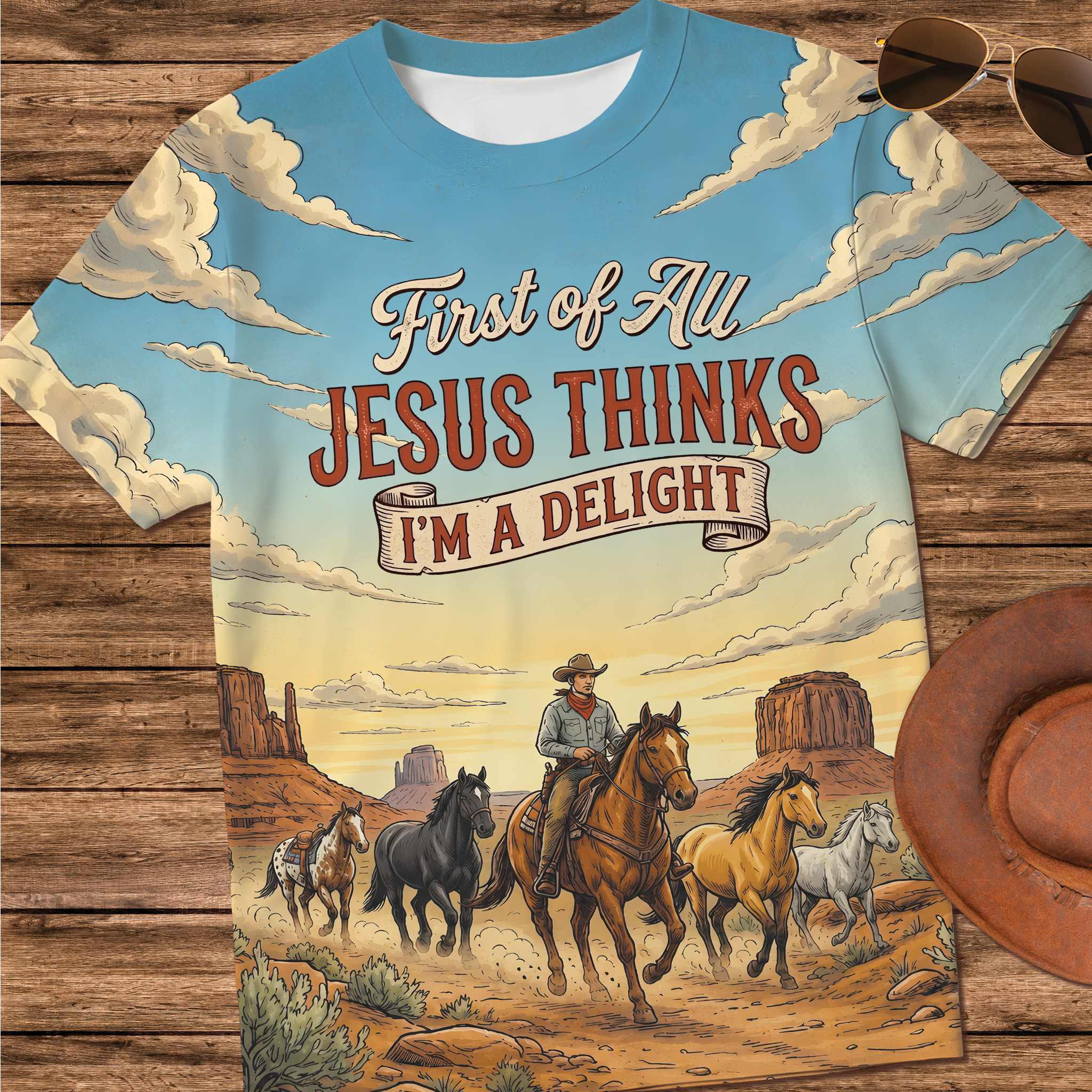 First of all Jesus Thinks I'm a delight All Over Print Shirt, Christian Cowboy Tee
