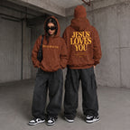 Jesus Loves You Unisex Hoodie, Brown & Yellow Faith-Based Streetwear