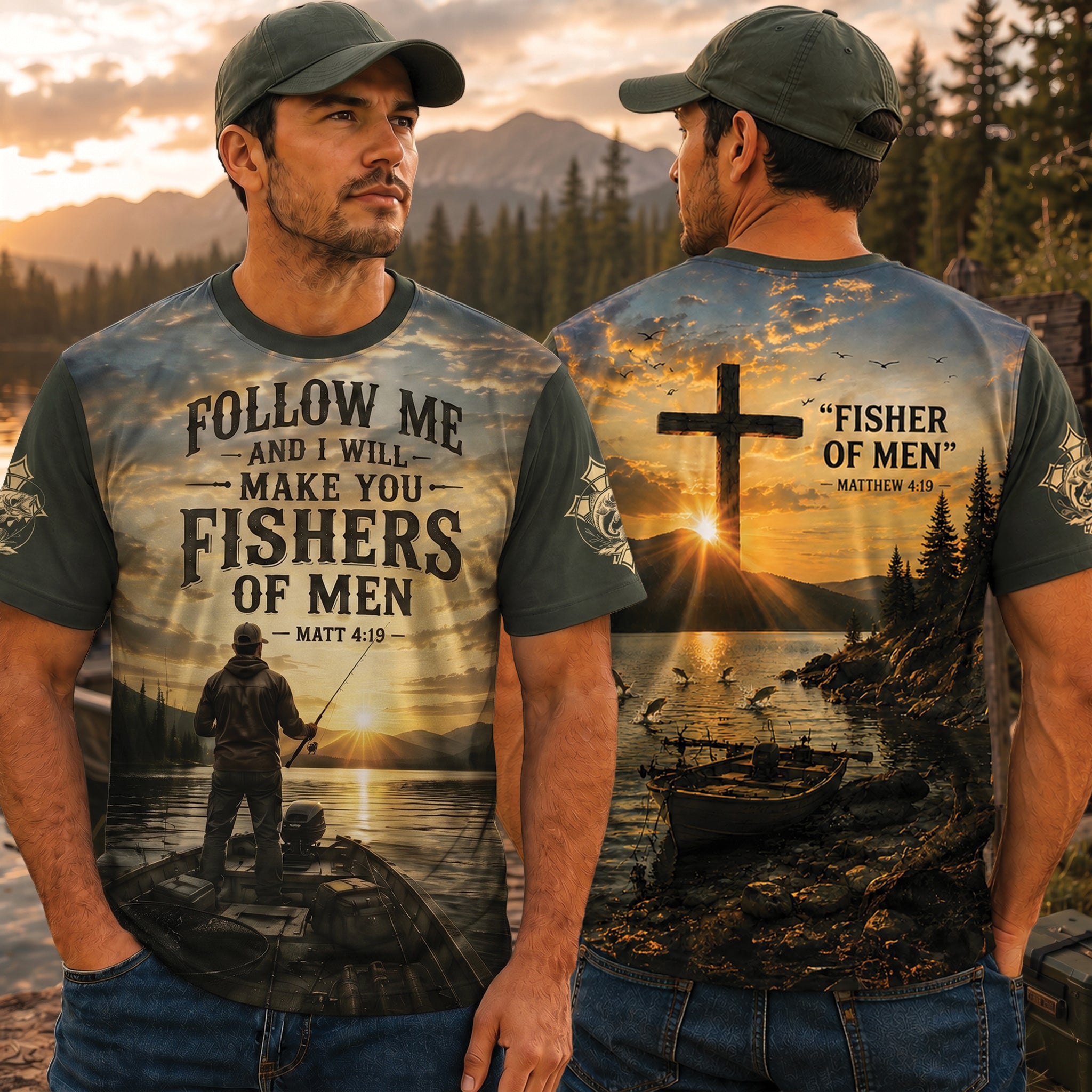 Follow Me Fishers of Men Christian All Over Print Shirt, Matthew 4:19 Fishing Shirt