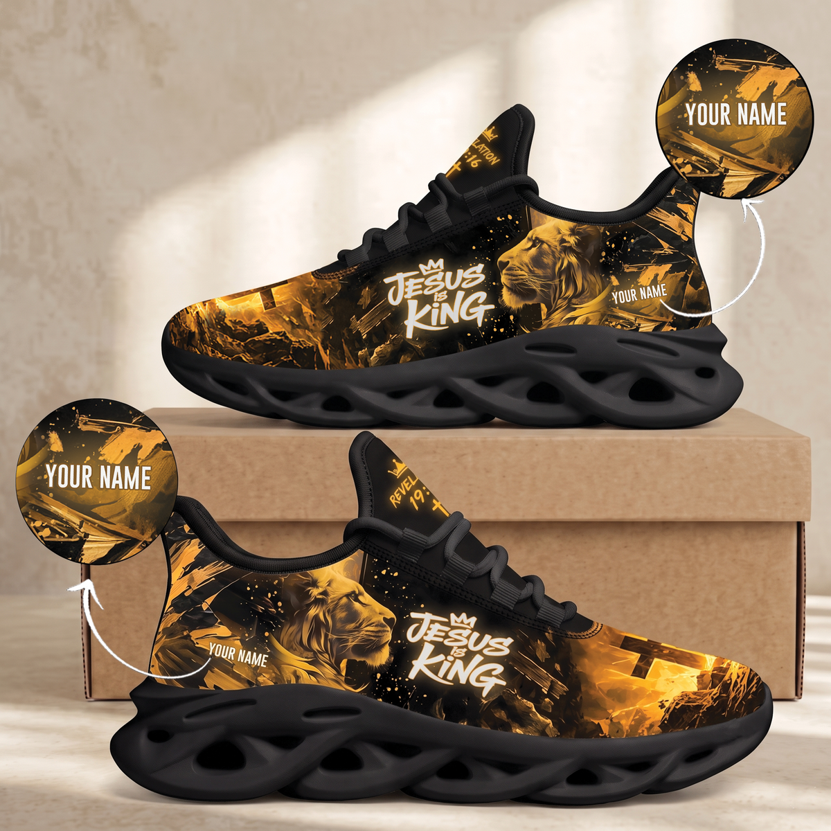 Custom Name Jesus Is King Gold Sneakers - Christian Max Soul Shoes