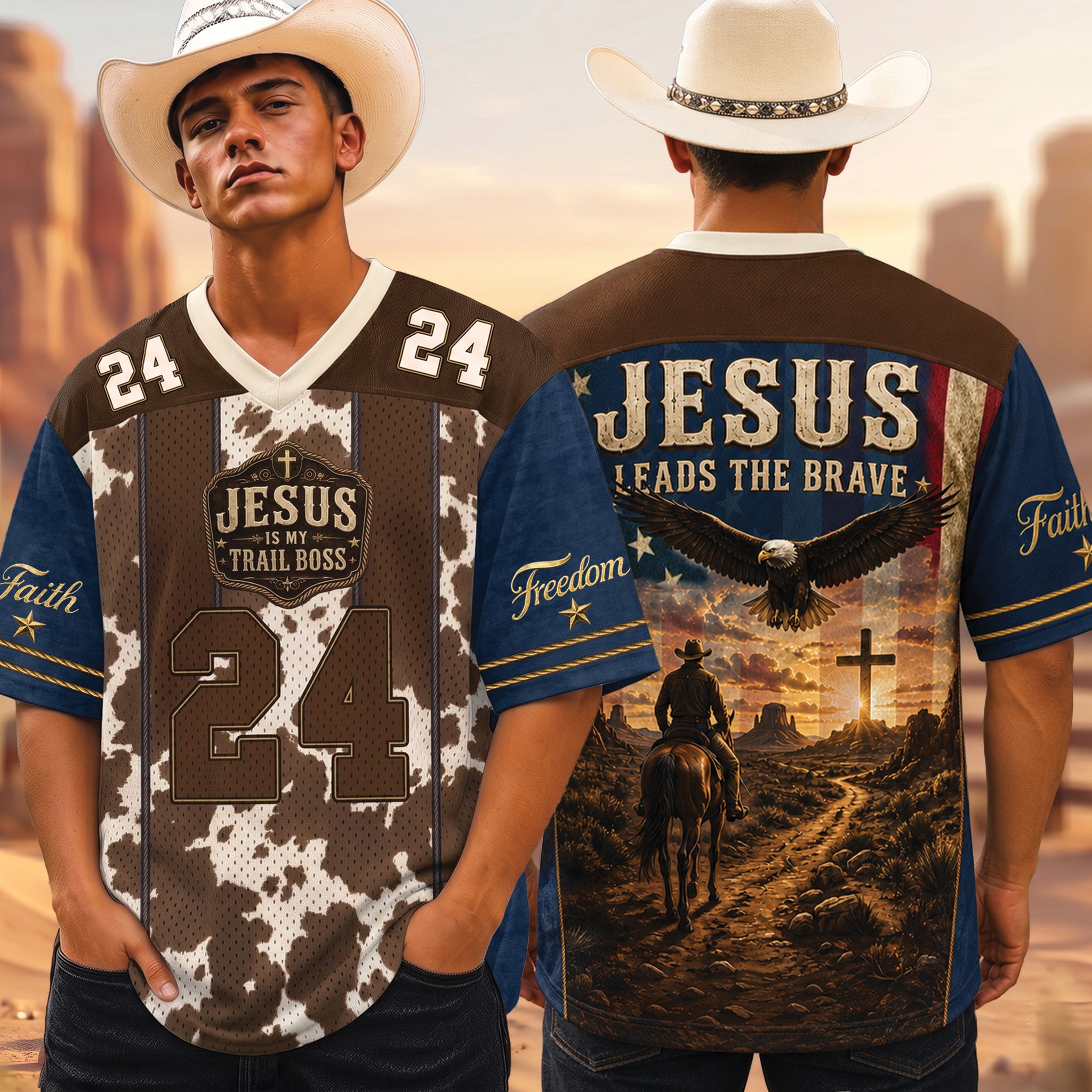 Christian Football Jersey, Jesus Is My Trail Boss Cowboy Shirt