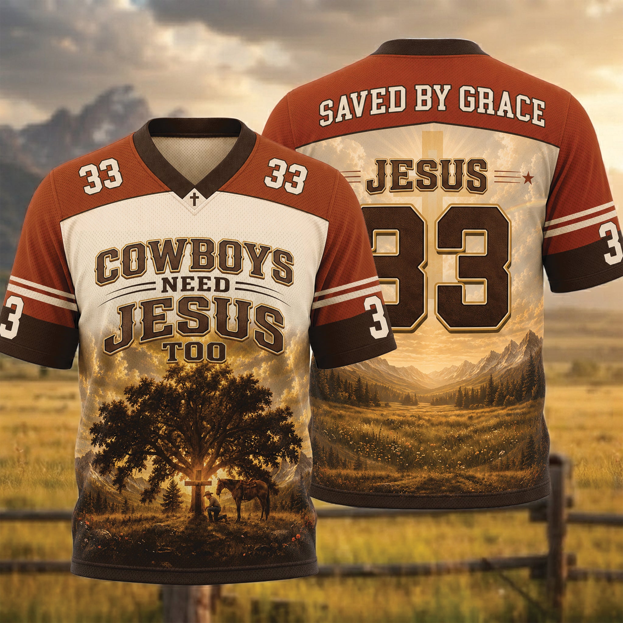 Cowboys Need Jesus Too Christian Football Jersey, Saved By Grace Western Cowboy Shirt