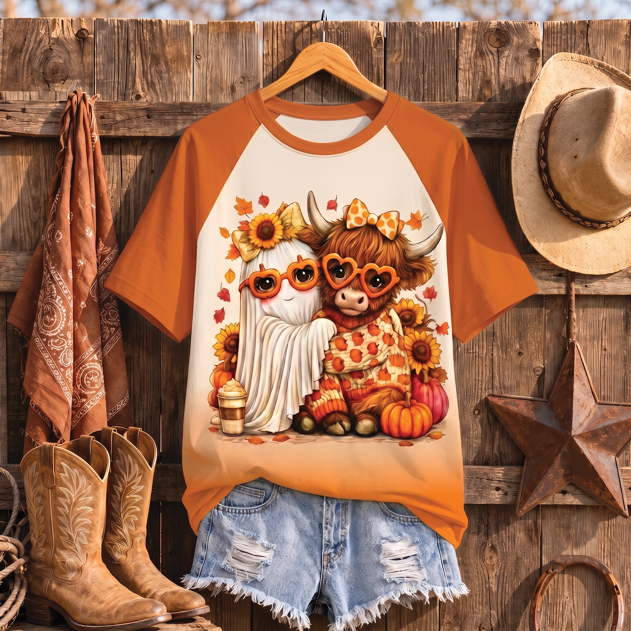Highland Cow and Ghost Halloween All Over Print Shirt, Spooky Fall Shirt