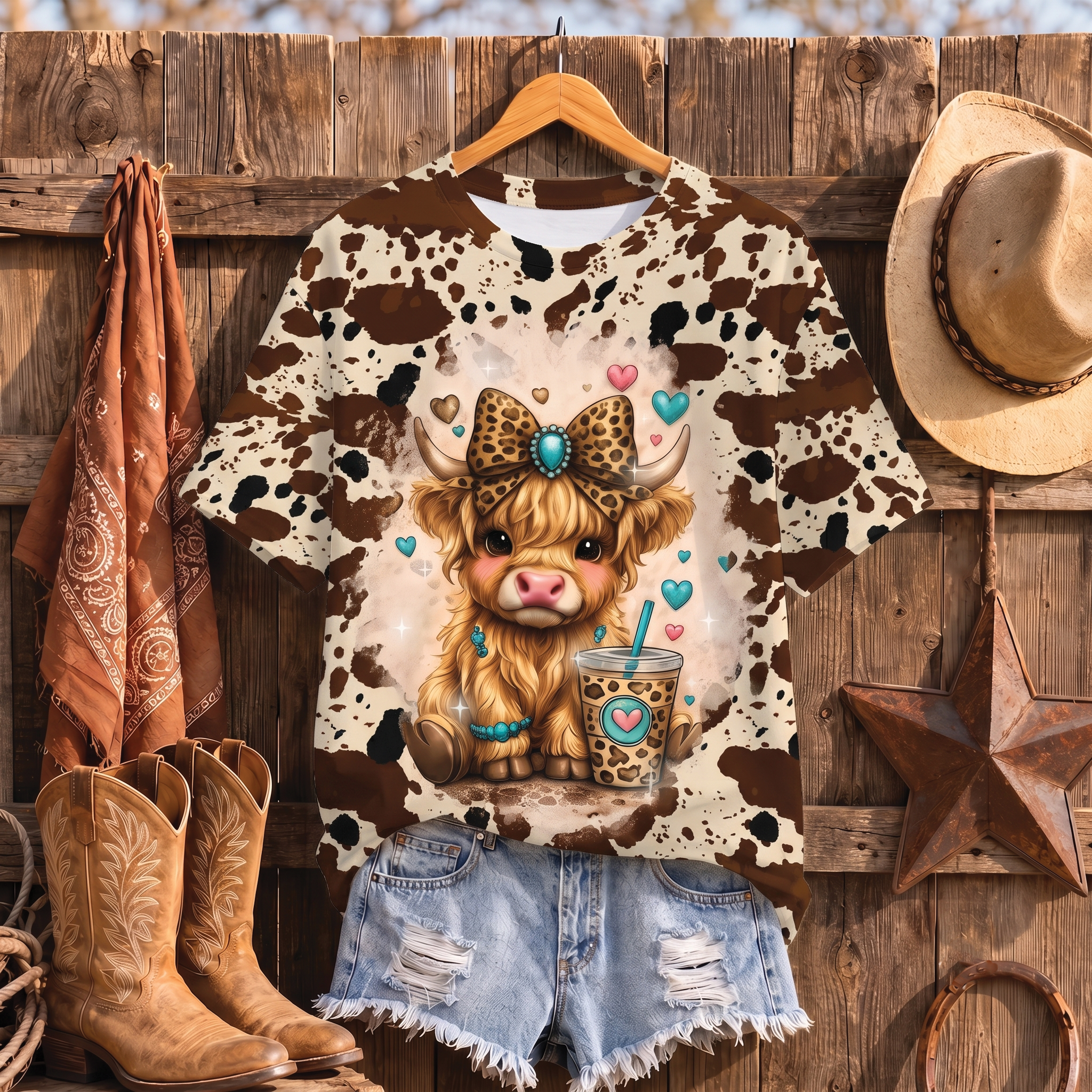 Cute Highland Cow Coffee All Over Print Shirt, Animal Lover Shirt