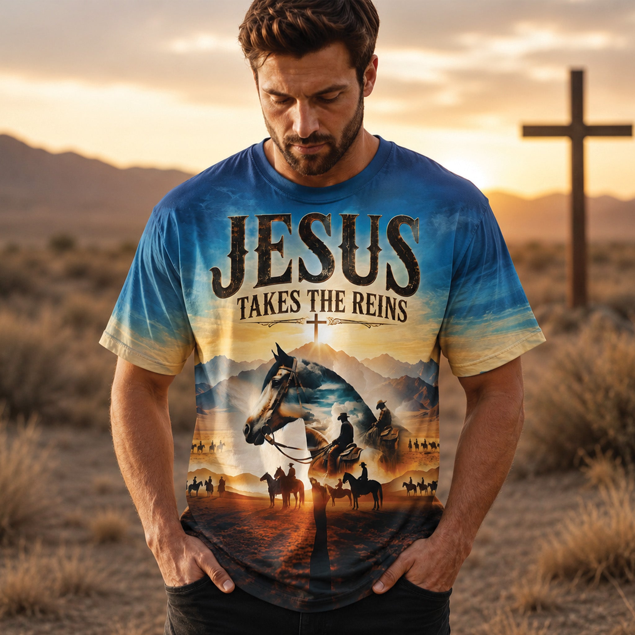 Jesus Takes The Reins All Over Print Shirt, Christian Western Tee